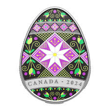 Egg-shaped silver coin with black background, colorful geometric and floral patterns in purple, pink, green, white. "CANADA - 2024" at bottom.