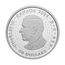 Silver coin featuring King Charles III's left-facing profile, with "CANADA 2024" and "20 DOLLARS" text.