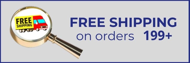 Magnifying glass showing a red delivery truck with "FREE SHIPPING" on its side, next to text "FREE SHIPPING on orders 199+".