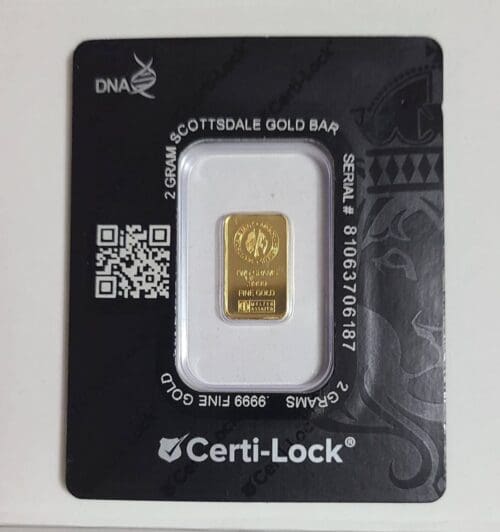 Scottsdale 2 gram Gold Lion Bar New in Assay .9999 Fine - Image 2