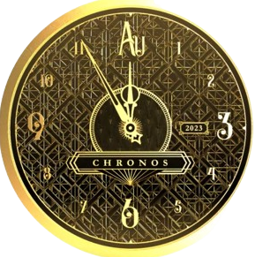 Gold medallion with clock numbers, hands near 12, "Au", "CHRONOS", and "2023" on a patterned background.