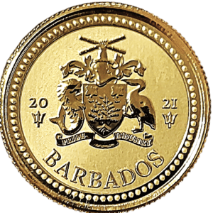 Gold coin with Barbados coat of arms, featuring a shield, dolphin, pelican, "PRIDE AND INDUSTRY", "BARBADOS", and "20" and "21" with tridents.