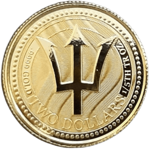 Gold coin with a central trident, "TWO DOLLARS", "9999 GOLD", and "1/5TH TR OZ" on a wavy background.