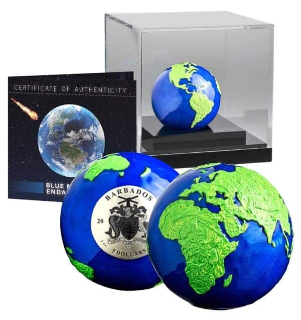 Barbados Spherical Earth Green Planet 3 oz Silver Coin