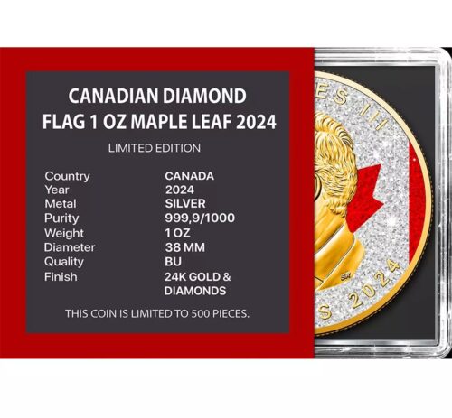 2024 Canadian Maple Leaf Diamond Flag 1oz Silver Coin- Gold/Diamonds - Image 3