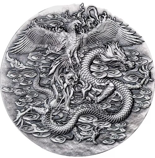 2024 Gabon Double Dragon and Phoenix 1.8 oz Silver UHR Antique - Image 3