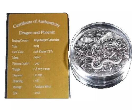 2024 Gabon Double Dragon and Phoenix 1.8 oz Silver UHR Antique - Image 5