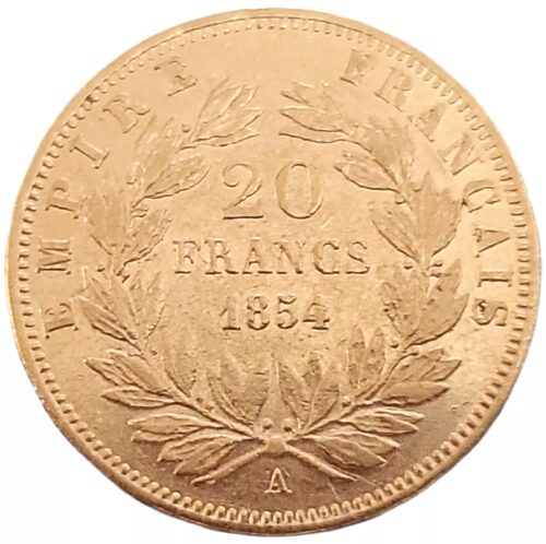 1854 French 20 Gold Franc Napoleon III Gold Coin AU - Image 3