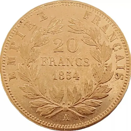 1854 French 20 Gold Franc Napoleon III Gold Coin AU - Image 5