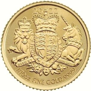 A 1/10 Oz gold British coin featuring The Royal Arms on the reverse with Queen Elizabeth II on the obverse side