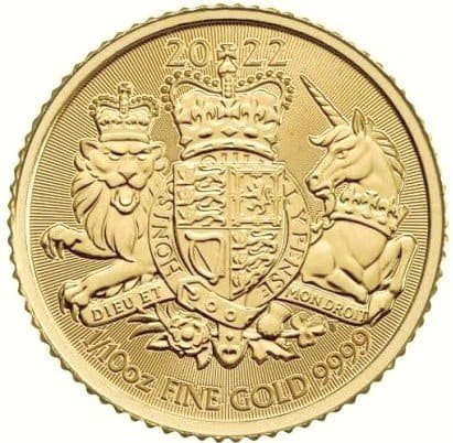 A 1/10 Oz gold British coin featuring The Royal Arms on the reverse with Queen Elizabeth II on the obverse side
