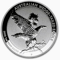 Silver coin featuring a wedge-tailed eagle in flight. Text: "AUSTRALIAN WEDGE-TAILED EAGLE 2023 1oz 9999 SILVER".