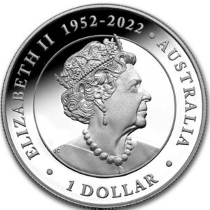 Silver coin with Queen Elizabeth II in profile facing right, crowned, with earrings and necklace. Text: "ELIZABETH II 1952-2022 AUSTRALIA 1 DOLLAR".