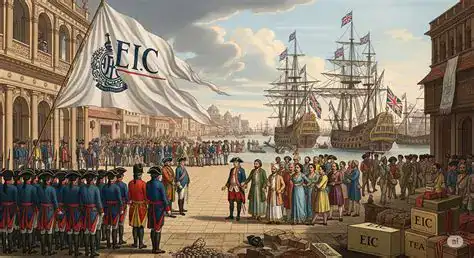 Historical scene of a port with ships and people, featuring the FIC flag.