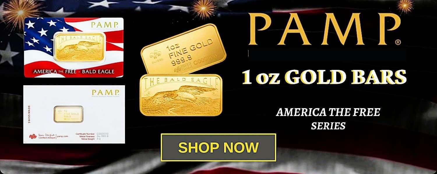 PAMP 1 oz gold bars from America The Free Series with patriotic design.